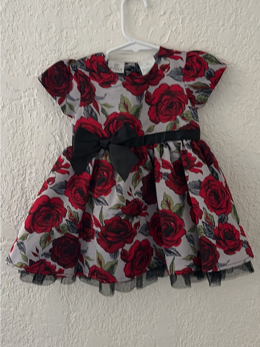 12M Red Rose Print Party Dress with Black Bow
